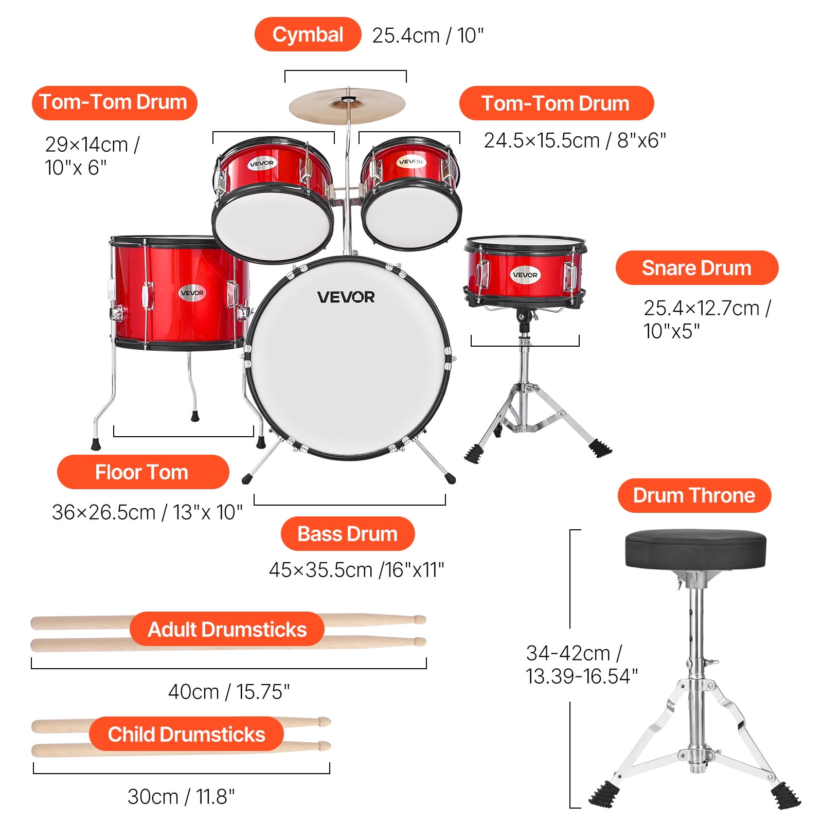 VEVOR Kids Drum Set, 5-Piece 16 in Junior Drum Sets, Beginner Drums Set with Adjustable Throne, Cymbal & Two Pairs of Drumsticks(Red)