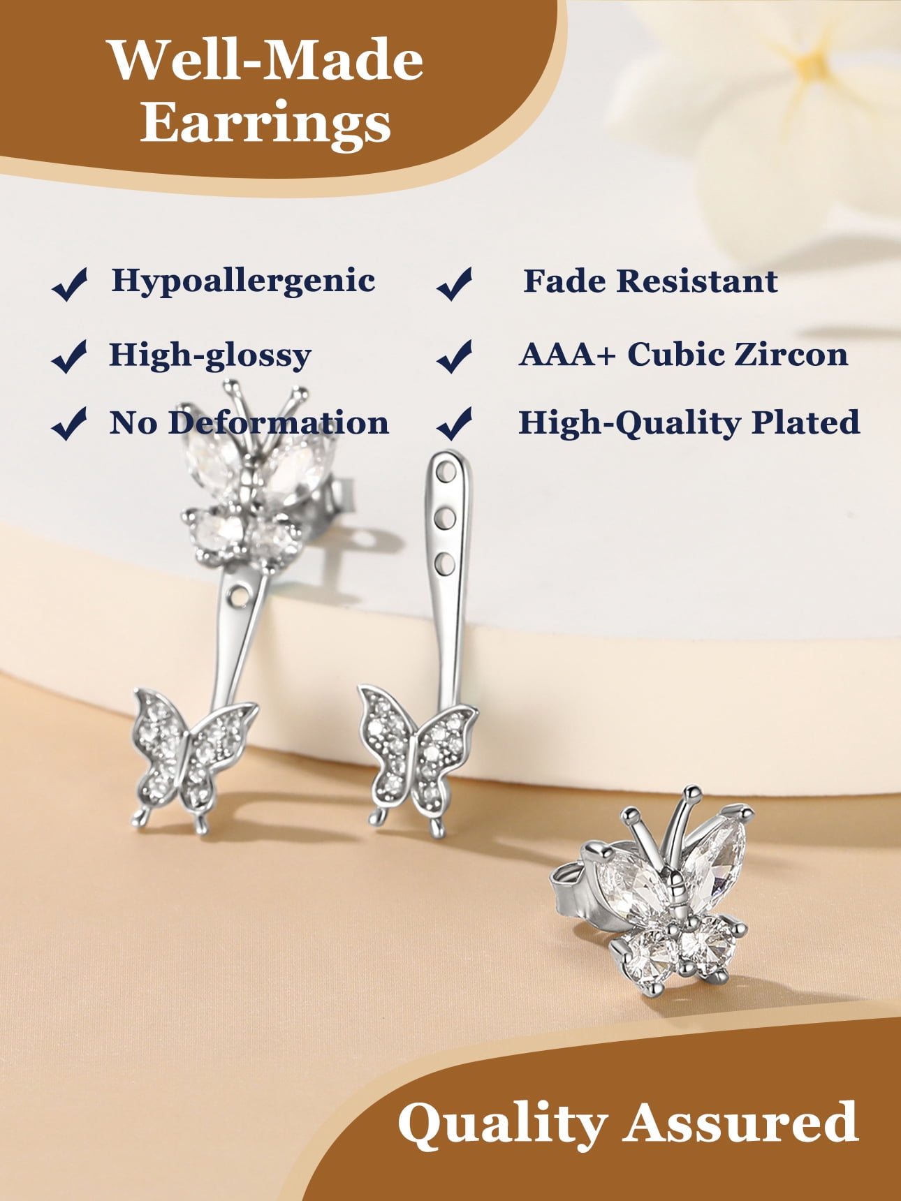 Suplight 925 Sterling Silver White Zirconia EarringsJacket Butterfly Stud Earrings for Women