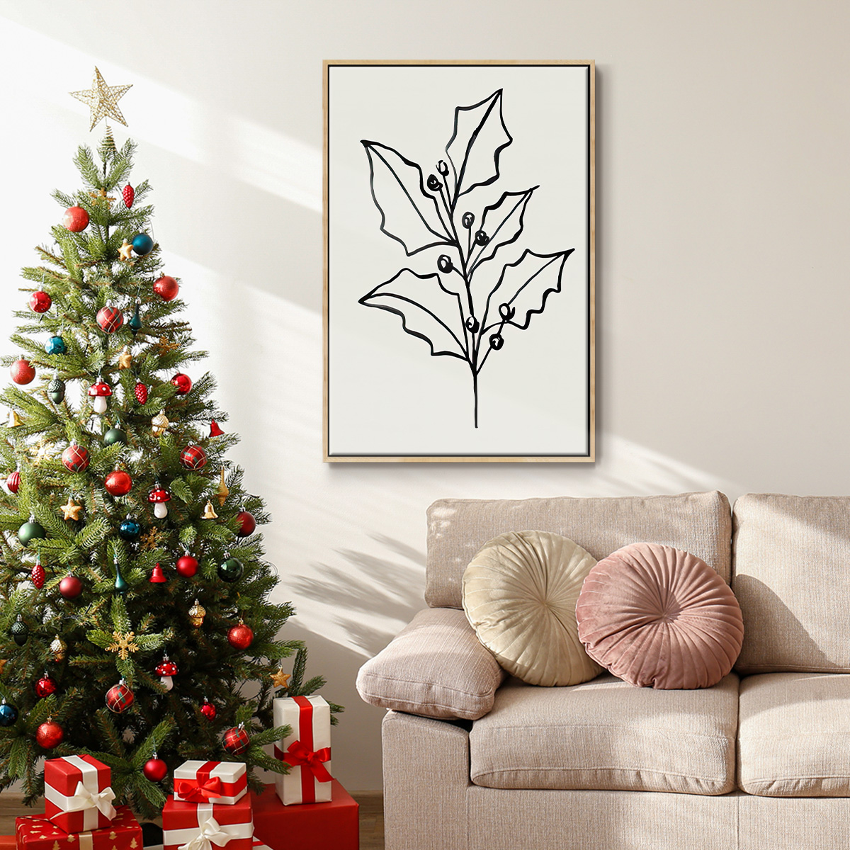 Evergreen Ink I - Framed Gallery Wrapped Holiday Canvas - 27 x 41 - Natural Wood Frame