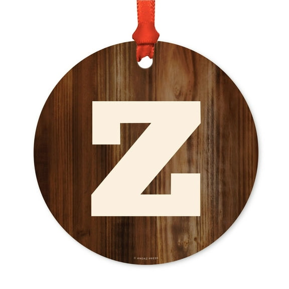 Metal Christmas Ornament, Monogram Letter Z, Rustic Wood, Includes Ribbon and Gift Bag