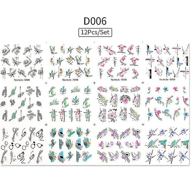 Nail Art Watermark Sticker Set 12 Sheets, A Set Of Butterfly, Fruit Lace, Colorful Flower Nail Stickers
