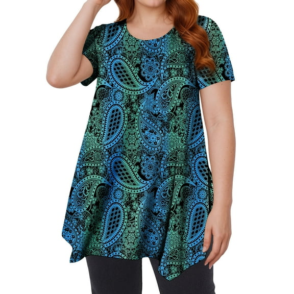 Tunic Tops for Women Plus Size Clothes Short Sleeve Blouse Swing Top Summer Dressy Paisley 2XL