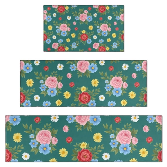 Pioneer Flower Floral Print Pattern Kitchen Rugs Sets Of 3,Kitchen Runner Rugs Non Skid Washable,Decorative Kitchen Floor Mats for Kitchen,Sink,Laundry,17X30 Inch 17X47 Inch 17X59 Inch