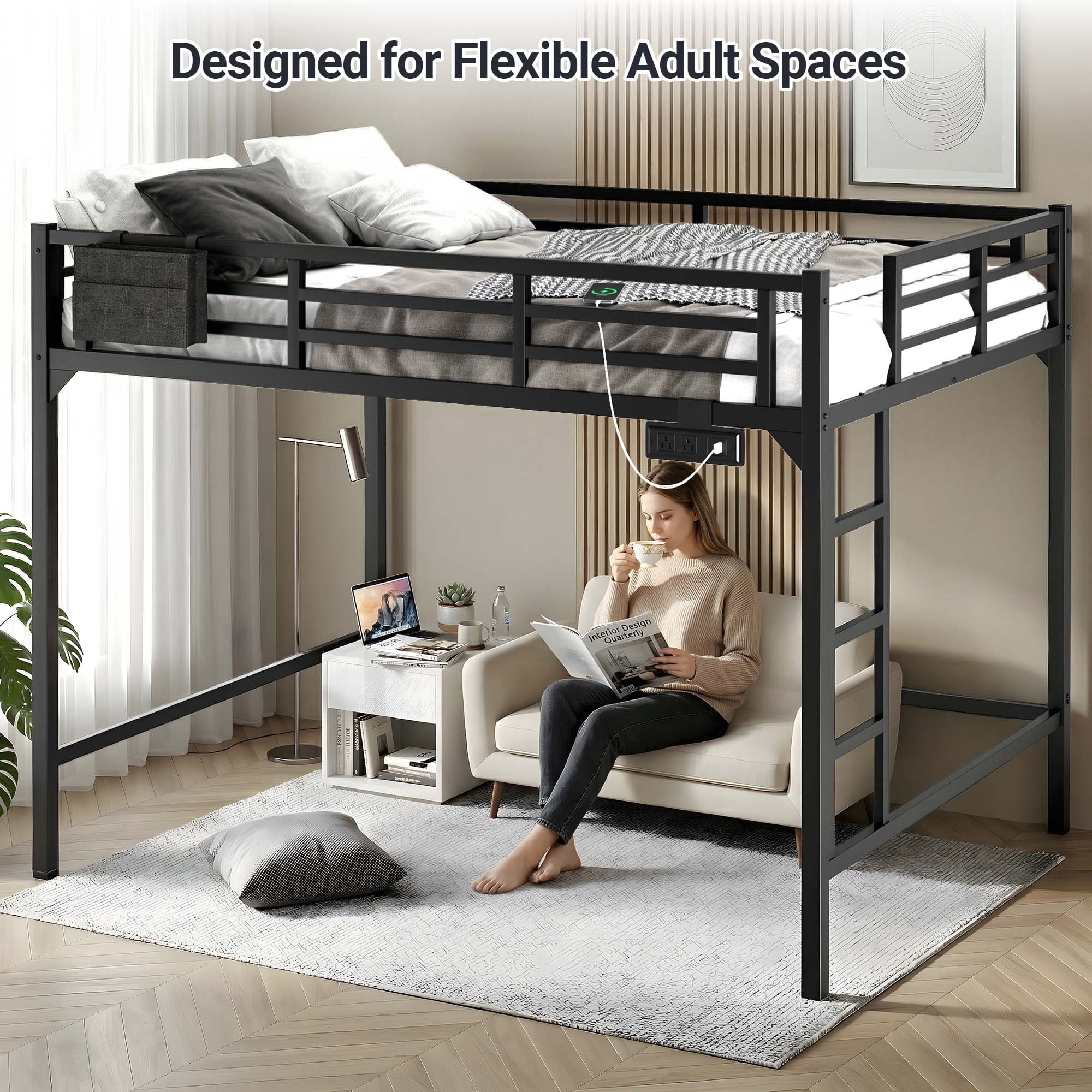 Miniyam Queen Metal Loft Bed with LED and Charging Station for Adults and Apartments, Black
