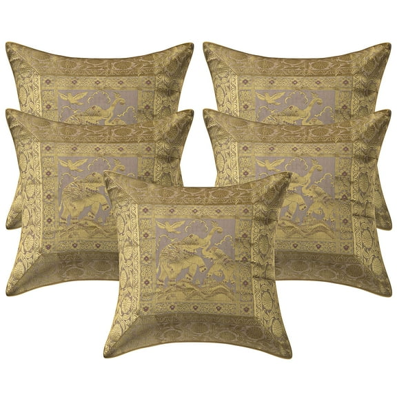 Stylo Culture Indian Settee Sofa Throw Pillow Covers 16 x 16 Jacquard Cream Square 40cm x 40cm Home Decor Brocade Elephant Floral Zippered Cushion Covers | Set Of 5