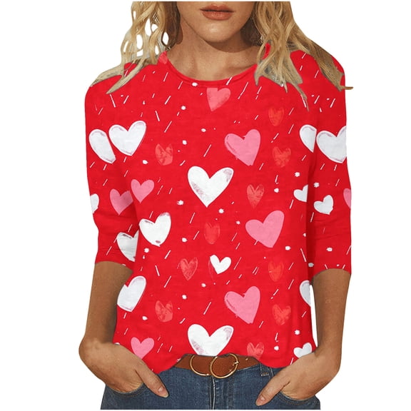 Tbopshirt Valentine's Day T-Shirts for Women 3/4 Sleeve,Casual Crewneck Loose Love Heart Graphic Tees Summer Plus Size Tops,S-XXXXXL