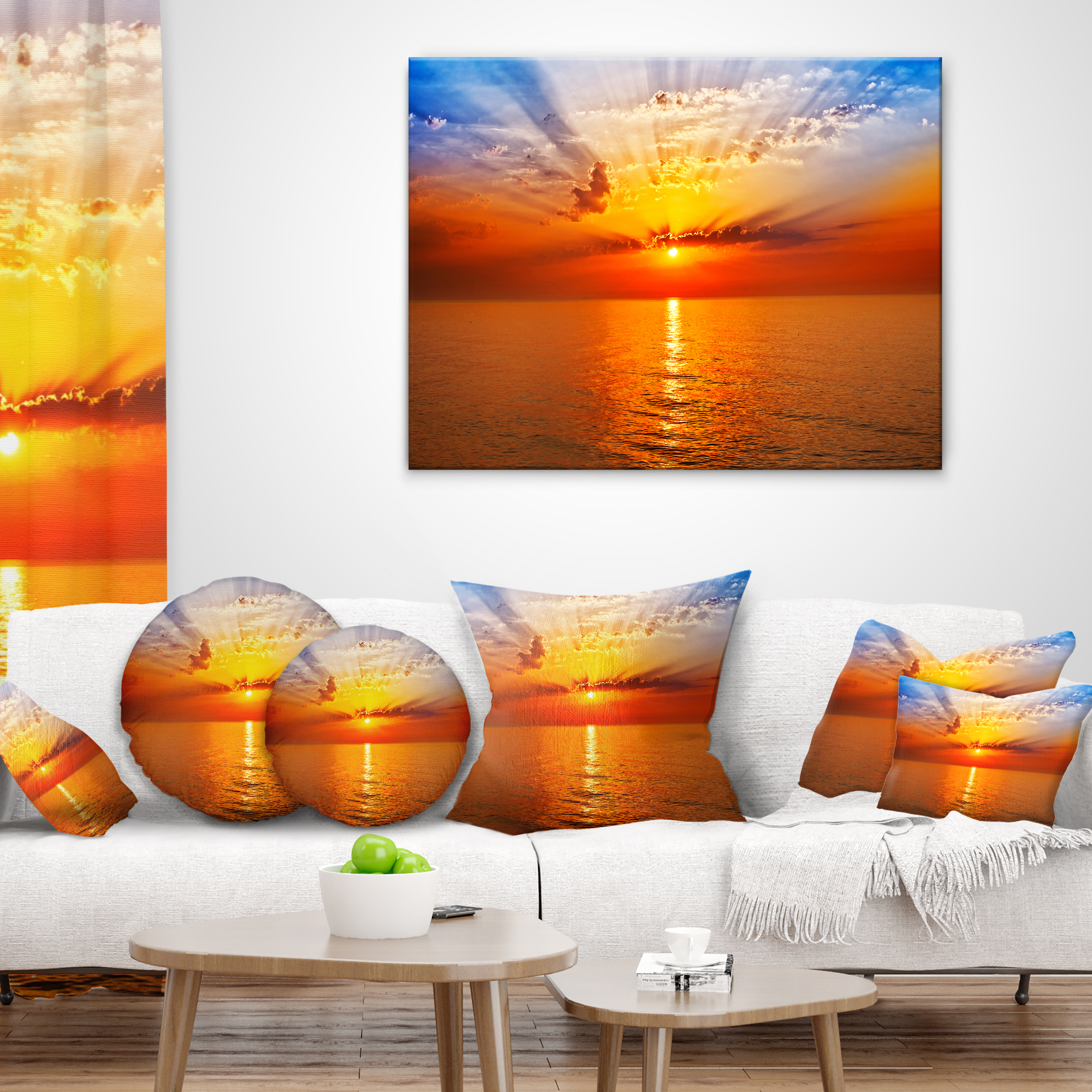 Designart Orange Sea Sunrise under Blue Sky - Seashore Throw Pillow - 12x20