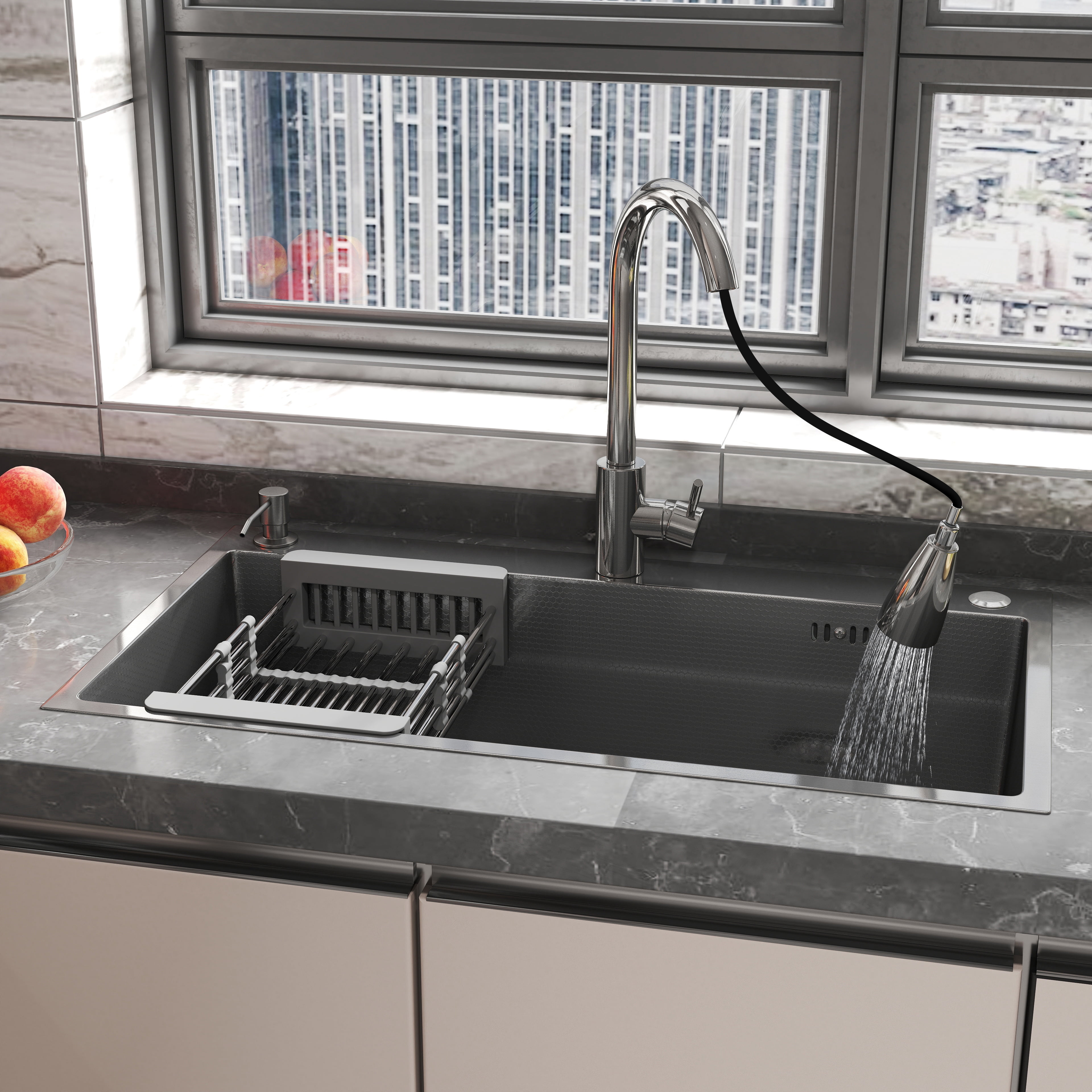 Abunitt 30x18x8 inch 304 Stainless Steel Kitchen Sink,X-Shaped Drain, Topmount Drop-in Workstation with Pull-out Faucet & Accessories,Brushed Silver