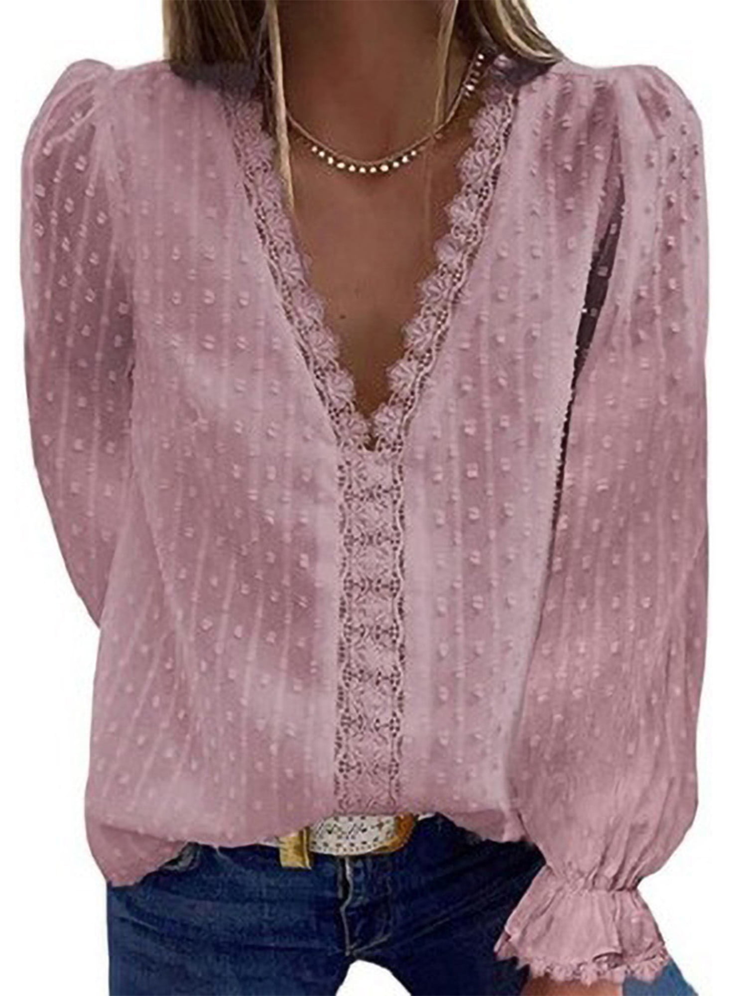 Women V Neck Puff Sleeve Ruffle Lace Shirt Long Sleeve Tunic Loose Blouse Tops