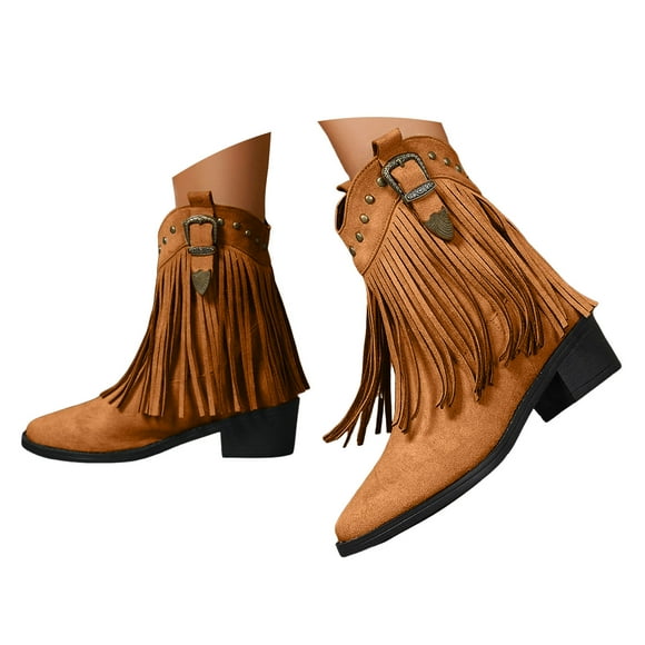 Mepaouo Womens Tassel Western Booties Fringe Cowboy Cowgirl Boots Vintage Slouchy Riding Ankle Boot