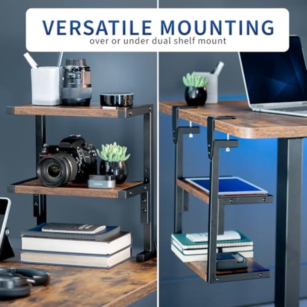 Clamp-on Above or Below Desk 2-Tier Shelving Unit for Table Accessories Gaming Devices and More Storage Tray Desktop Organizer Rustic STAND-SHELF2C-N