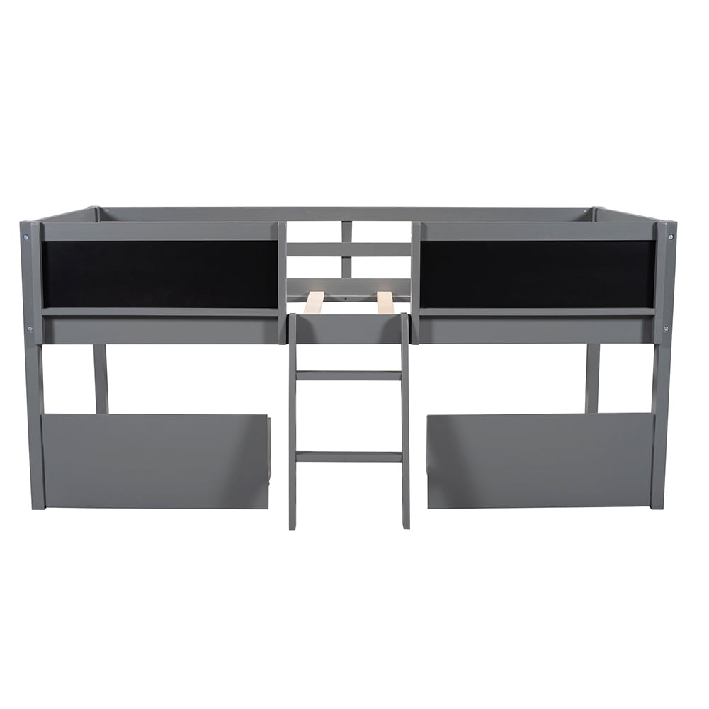 Kadyn Twin Size Low Loft Bed with Two Drawers,with Decorative Guardrail Chalkboard,Gray
