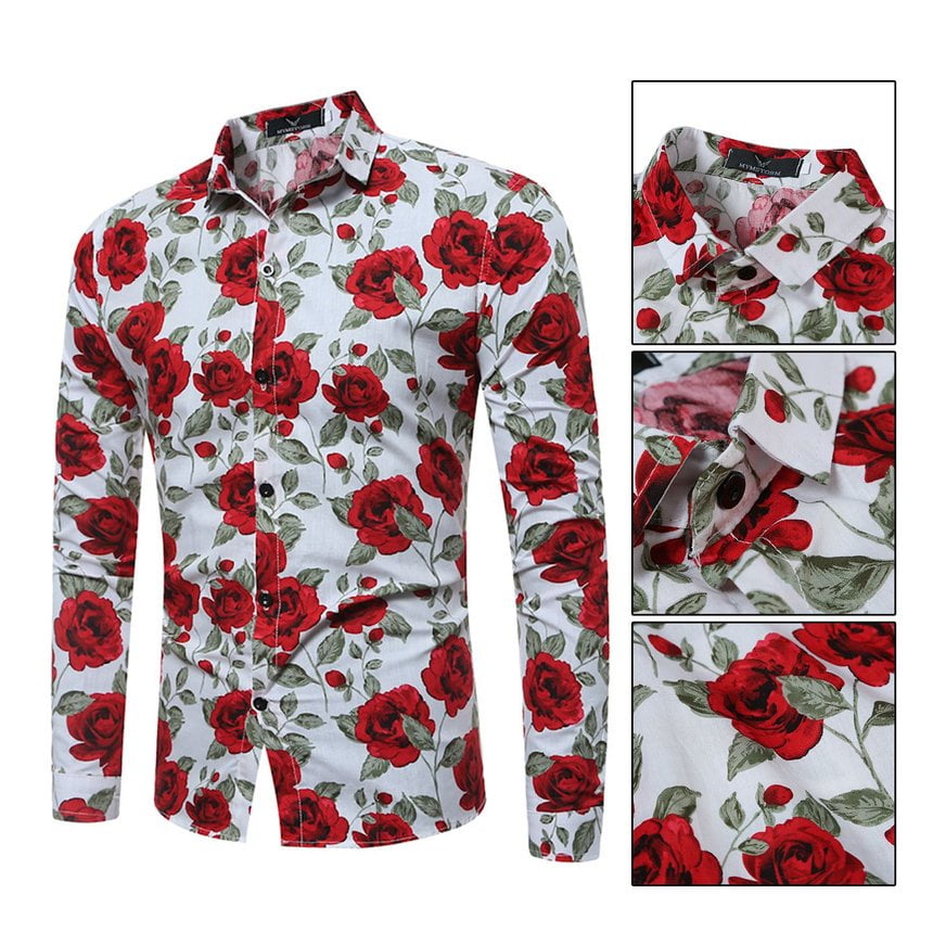 MaiLang Fashion Mens Casual Slim Fit Short Turn-Down Collar Sleeve Flower Print Shirt Top Blouse