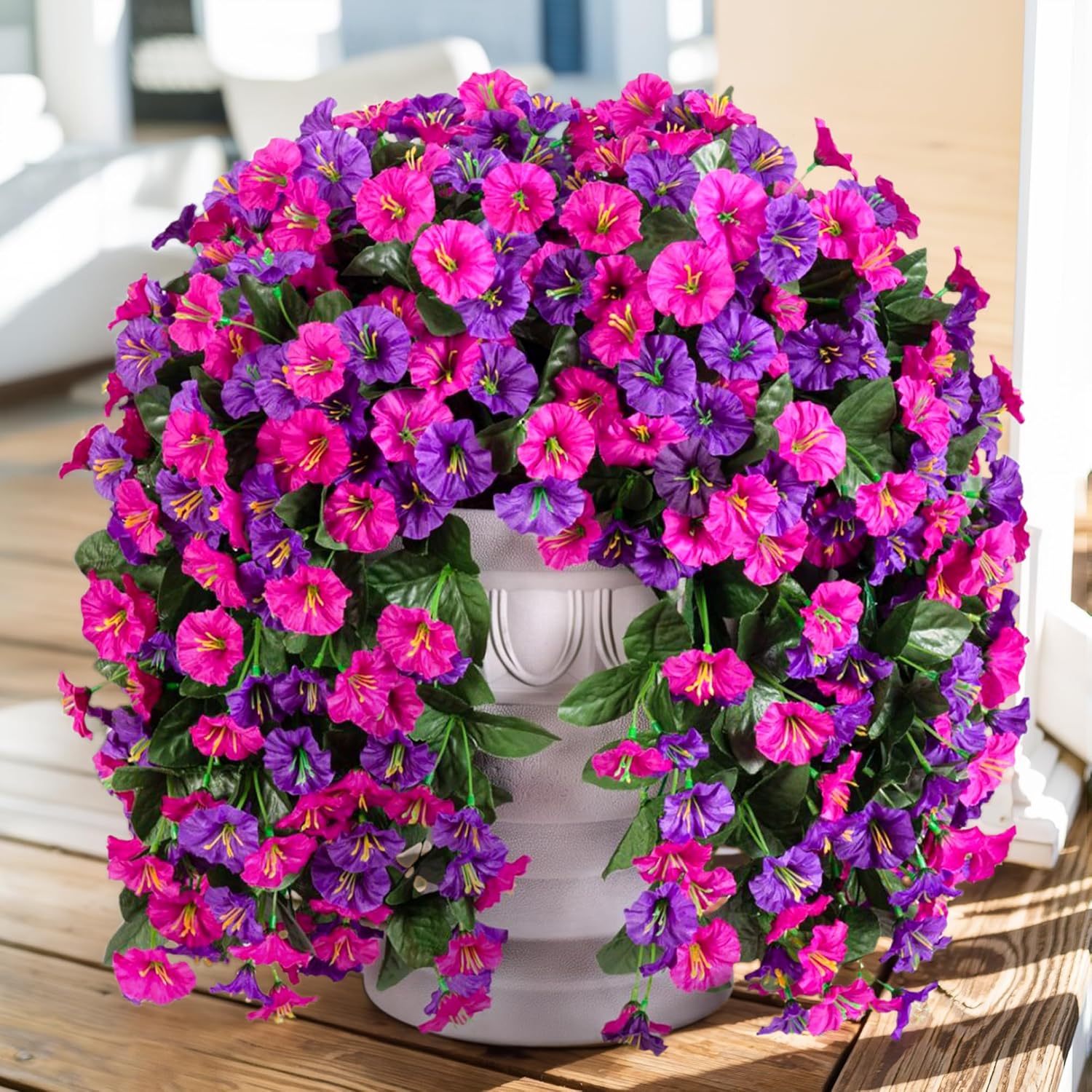Twfbrm Artificial Hanging Flowers for Outdoor, 30" Long Realistic Silk Morning Glory with Eucalyptus, UV Resistant Look Real Faux Plants Spring Summer Decorations for Porch Patio Balcony Garden