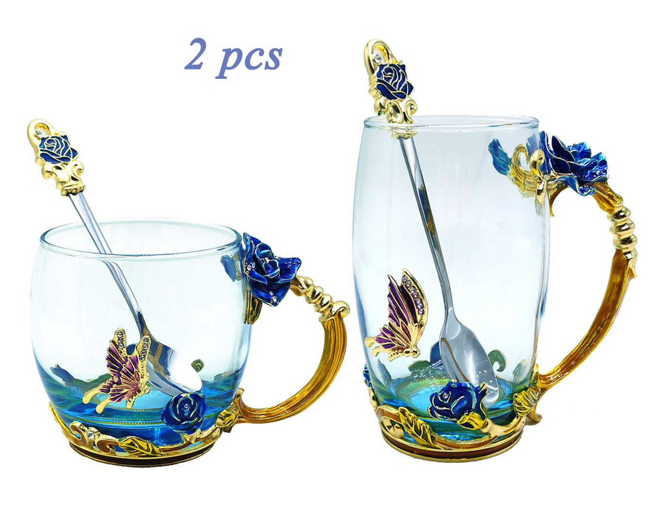 Butterfly Flower Clear Lead Free Glass Coffee Mugs Tea Cup with Spoon Set Gift