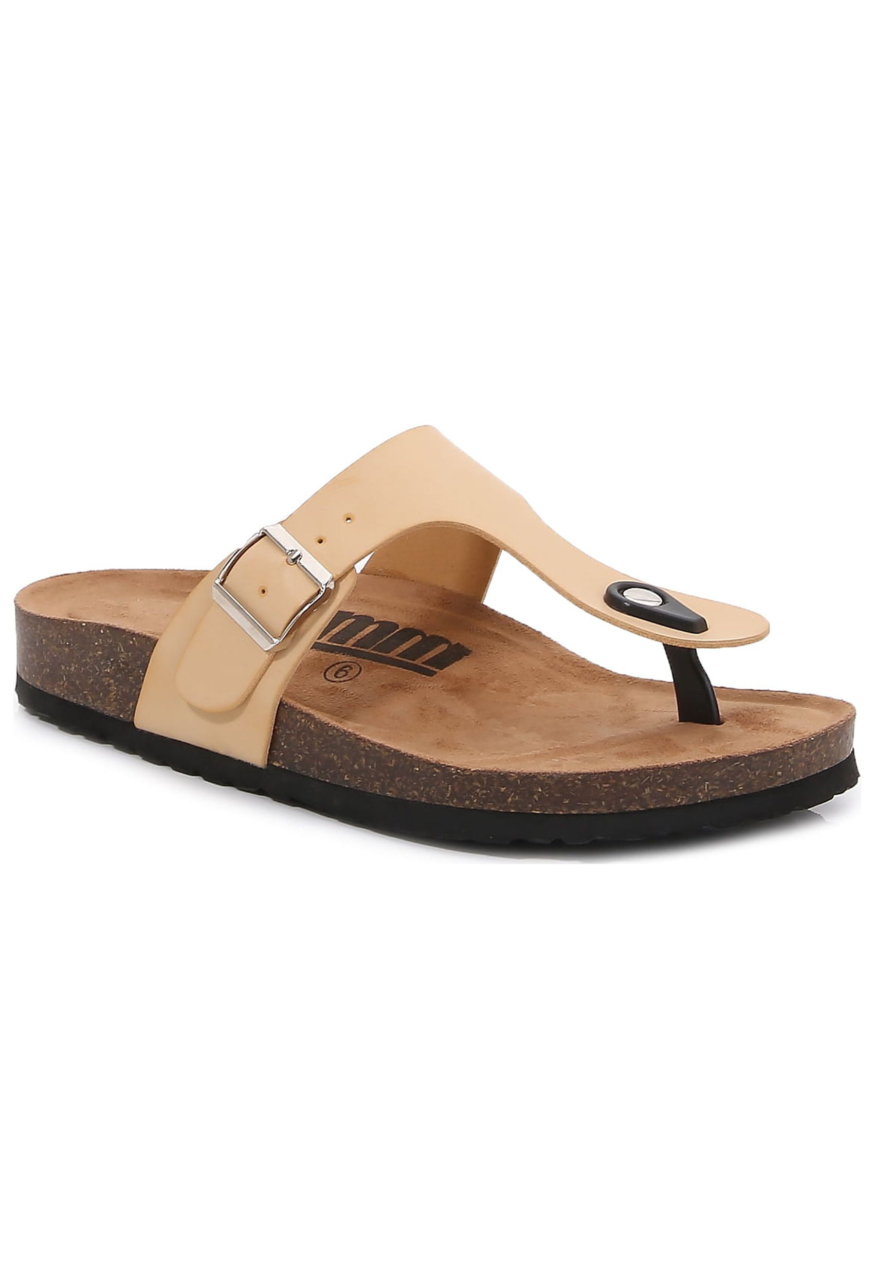 Women Soft Cork Footbed PU Leather Hook and Loop T Strap Flip Flops  (Premium PU Brown / 7 )