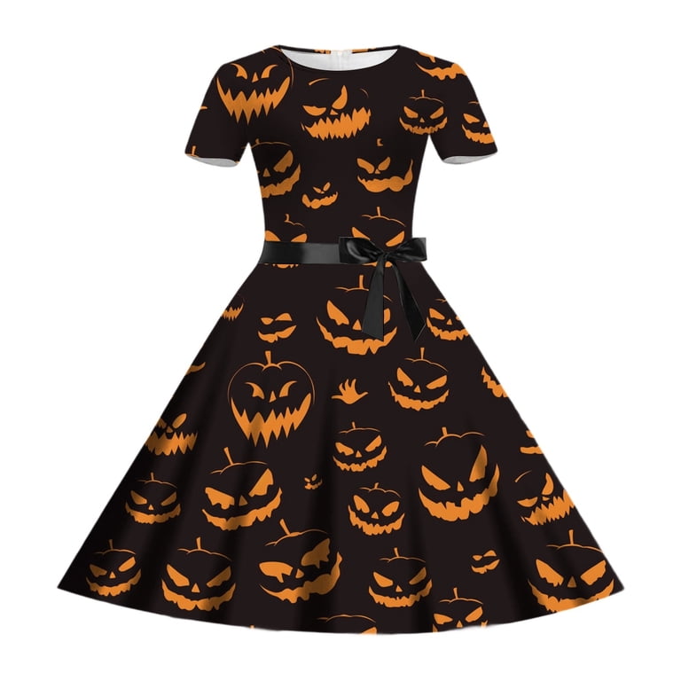 party dresses for short fat ladies Bobifish Big Girls Sleeve Jack O Lantern Print Waist Tie Costume Halloween Trick Or Treat Festive Themed Gatherings Dress, Girl's floral print maxi sundress
