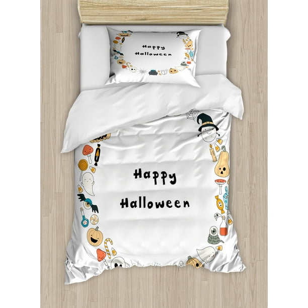 Halloween Duvet Cover Set Twin Size, Happy Halloween Spooky Theme