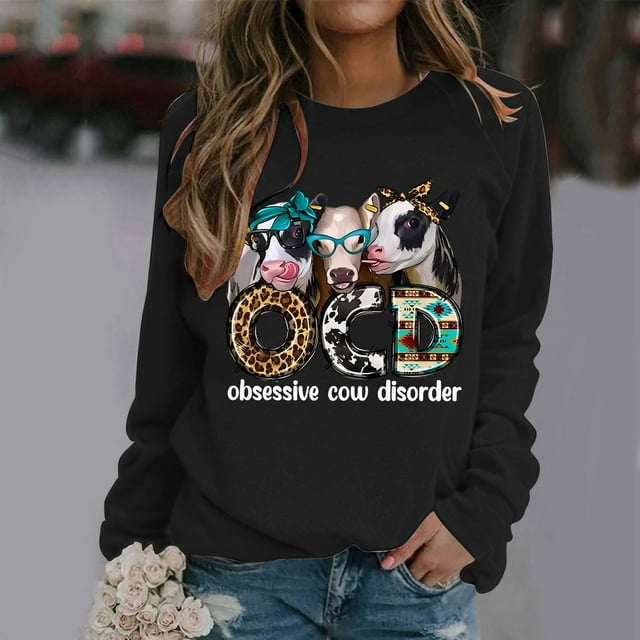 TINZ Chandail à Motif pour Femmes, Décontracté, Mignon, Vache, Animal, à Lettres Imprimées, Col Rond, Manches Longues, Chandail à Capuchon Léger, Fermeture Éclair Intégrale, Fermeture Éclair Intégrale, Chandail à Capuchon pour Femmes, Crop Top