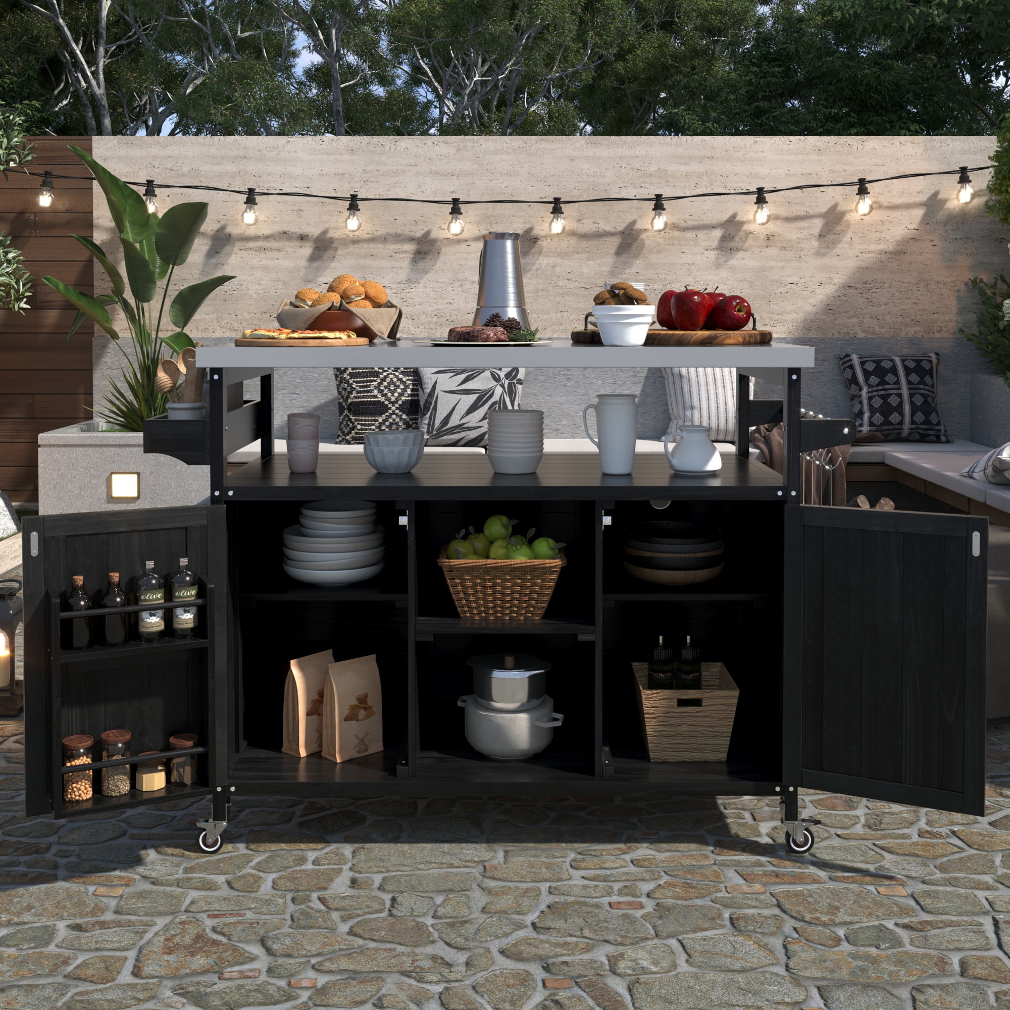 Euroco Outdoor Grill Prep Table with Modular Shelves, Spice Rack, Towel Holder & Lockable, Stainless Steel Top Fir Wood BBQ Cart with Cabinet Storage