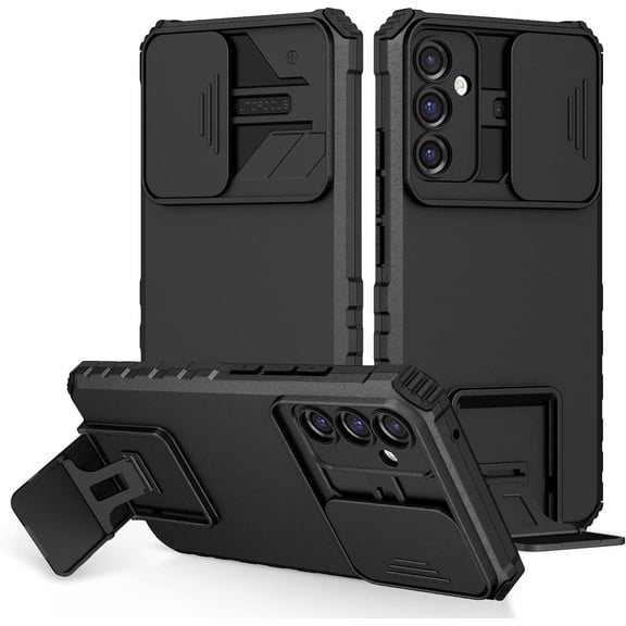 for Samsung Galaxy A14 5G / 4G Case with Slide Camera Cover, Armour Silicone TPU Bumper Tough PC Cover with Kickstand, Military Shockproof Protective Cell Phone Case for Samsung A14 5G/4G Black