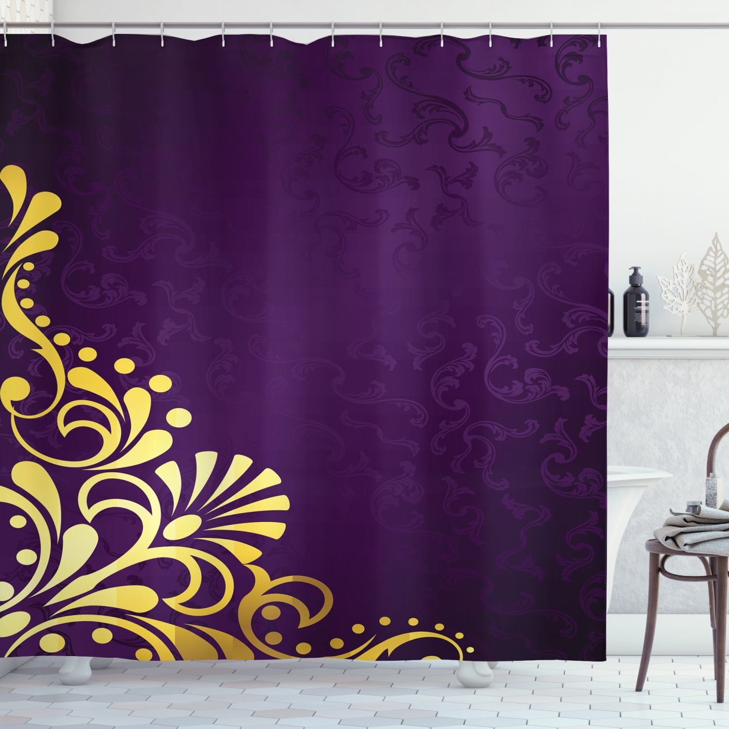 Yellow Damask Shower Curtain, Curvy Yellow Stems Ornament on Silhouette