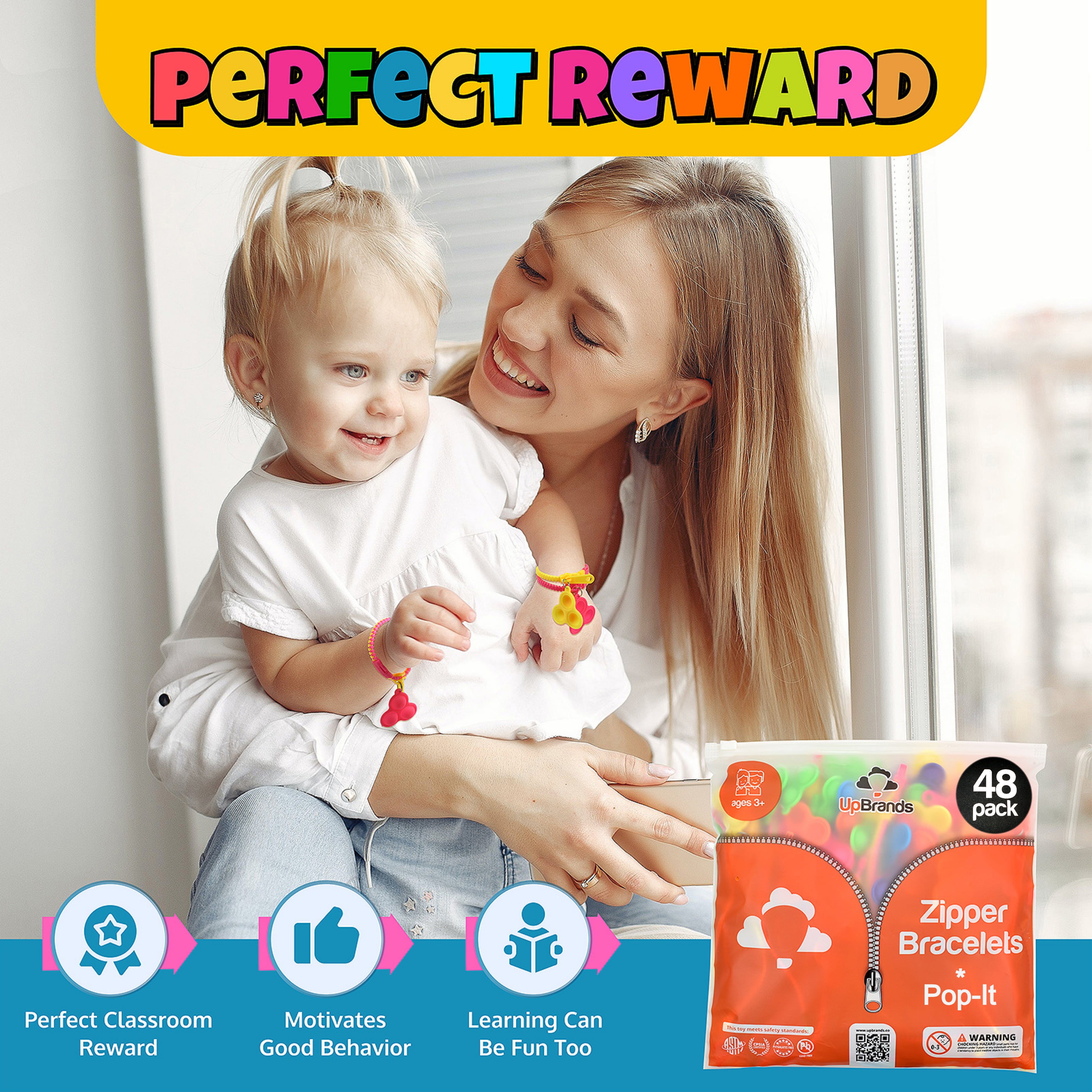 UpBrands 48 Upgraded Pop-It Zipper Bracelets For Kids, ADHD Fidget Toys, Fidgets For Kids, Anxiety Relief Fidget Toys, Kit For Halloween Trinkets