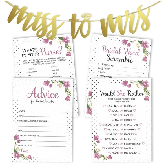 Inkdotpot Floral Bridal Shower Games Set Of 4(50 Sheets Each) w / Miss to Mrs Gold Banner Fun Bachelorette Party Games Set Bundle