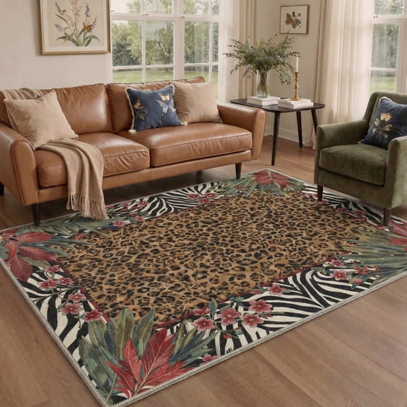 GENIMO 8'x10' Area Rug for Living Room, Large Machine Washable Non Slip Low Pile Rug for Bedroom Dining Room, Nature Inspired Animal Print, Earthy Brown