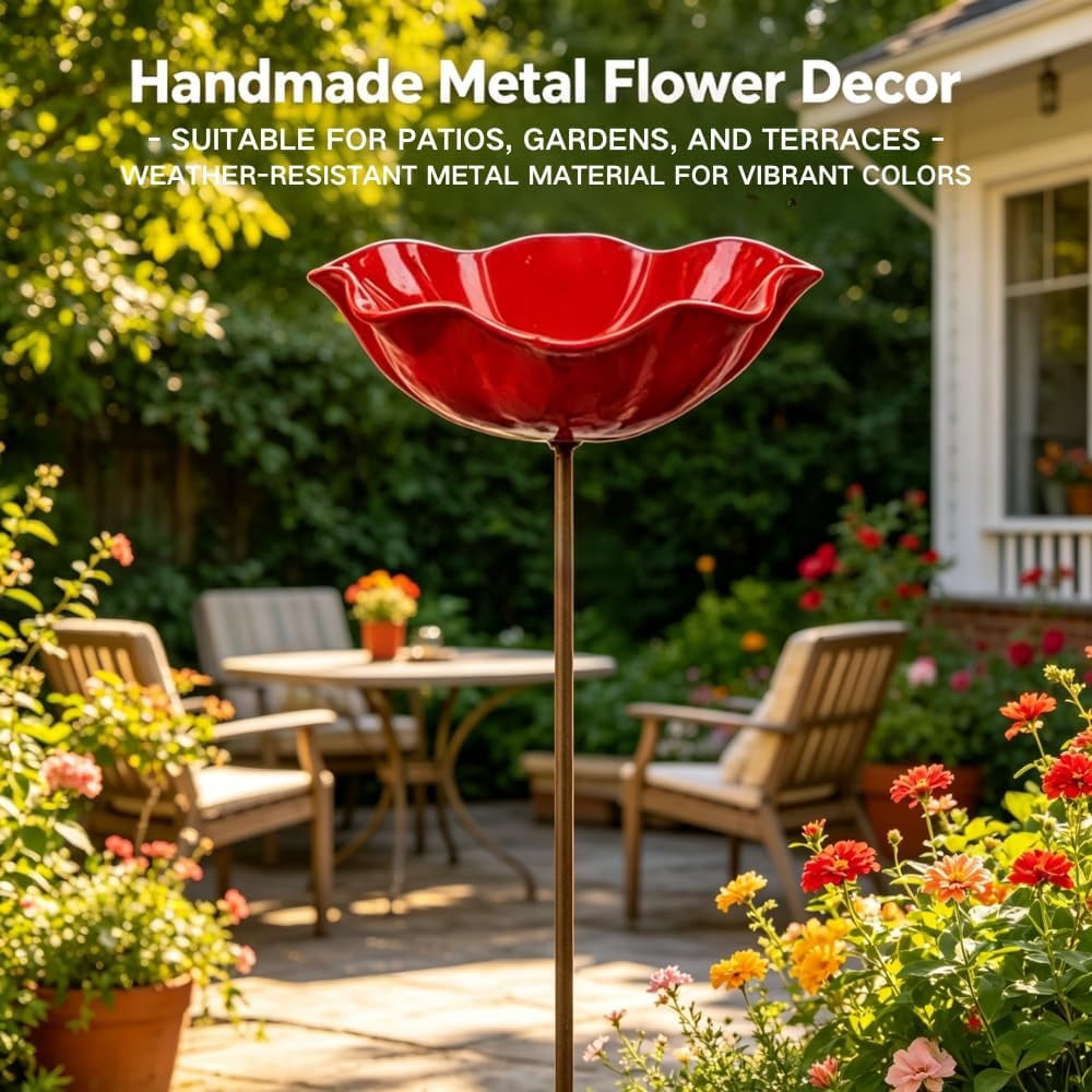 Handmade Metal Flower Garden Stake, Mini Bird Bath on Flowers Stakes for Outside, Metal Grace Yard Small Flower Bird Bath & Water Feeder Station Outdoors for Tiny Butterflies, Bees ＆ Birds (1 PC)