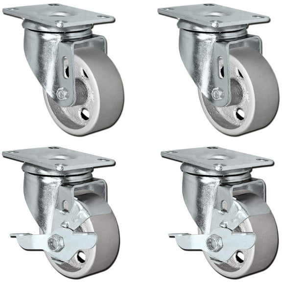 Set of 4 All Steel Swivel Plate Caster Wheels with Brakes Locking - Heavy Duty High-Gauge Steel Gray Iron Metal Wheels (3" Combo) - CasterHQ Brand