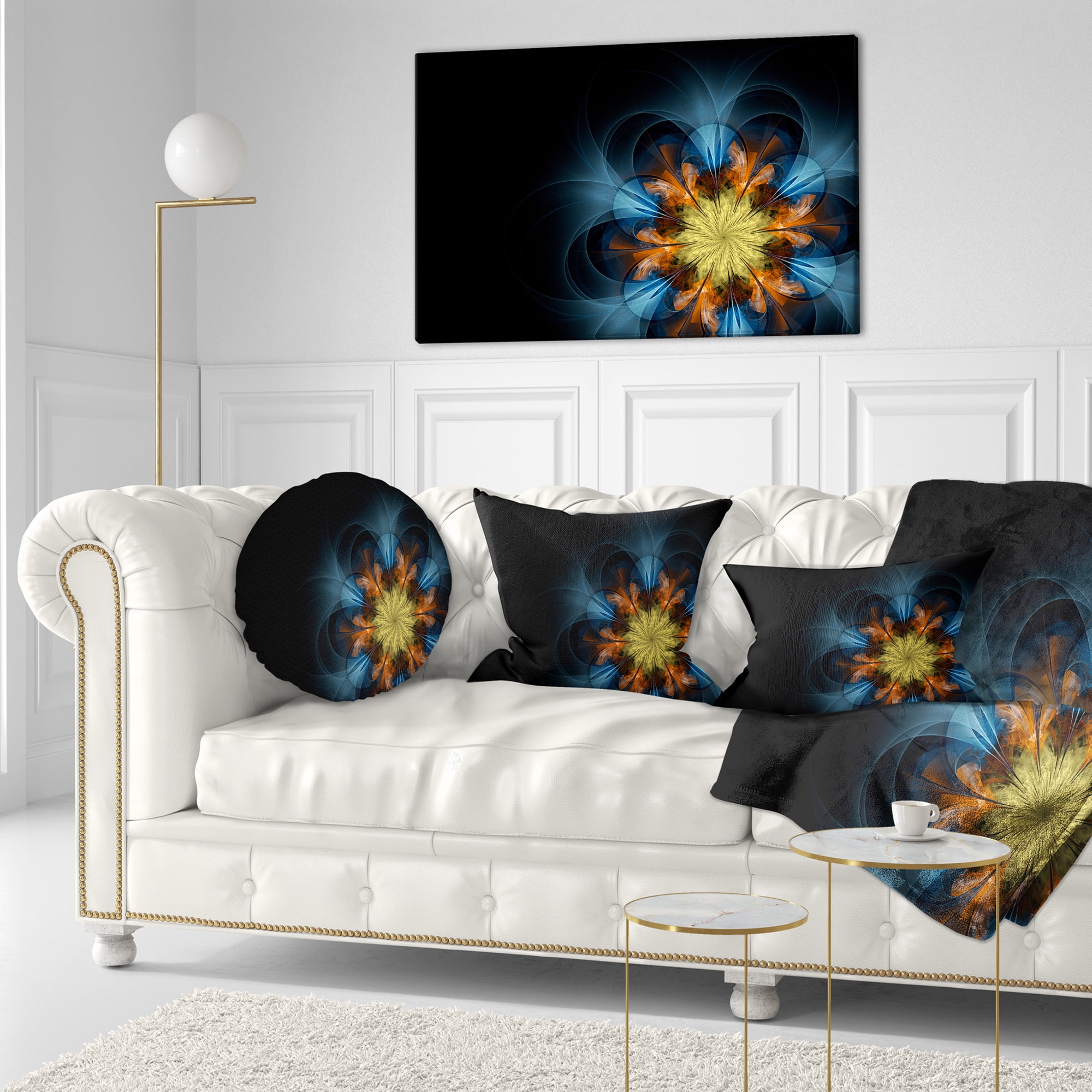 Designart Symmetrical Blue Orange Fractal Flower - Abstract Throw Pillow - 12x20