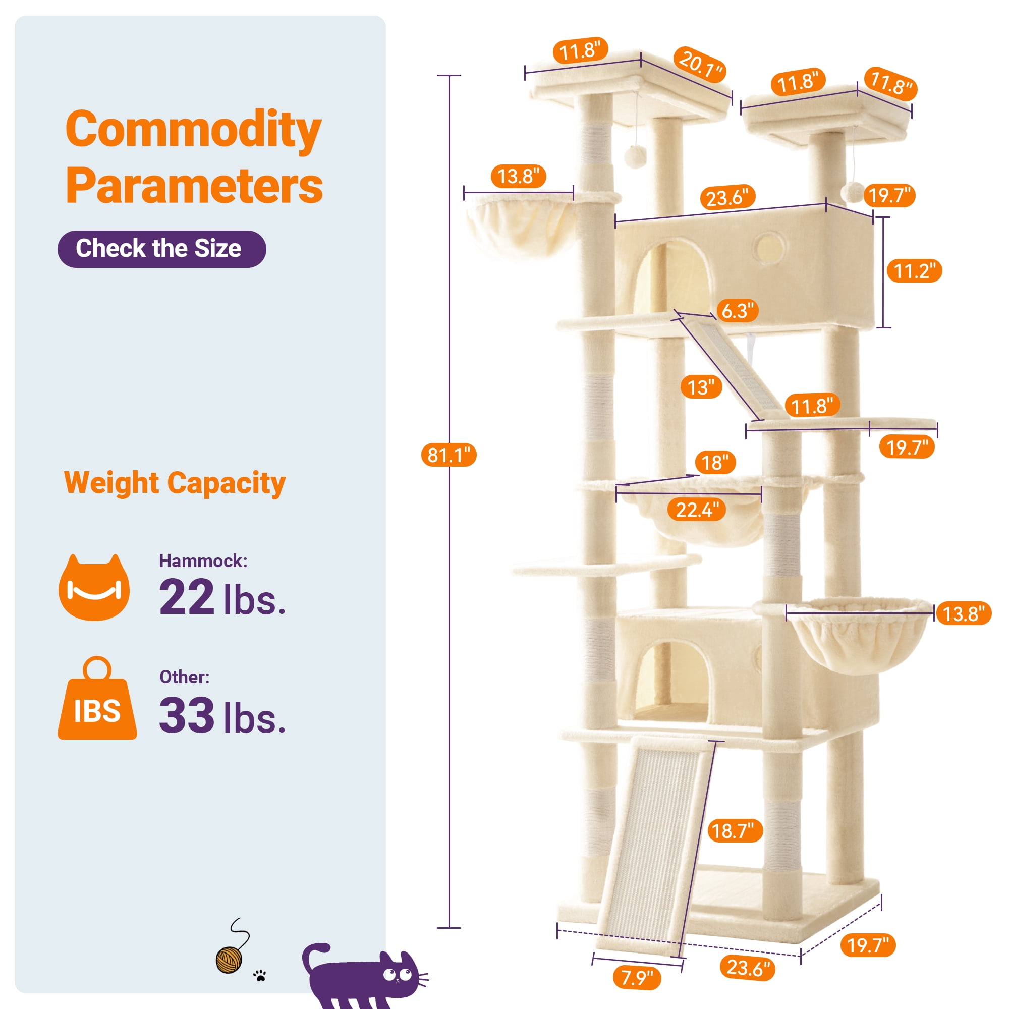 Allewie 81 Inches Multi-Level Tall Cat Tree for Large Cat, Cat Climbing Tree with Cat Condo and Hammock, Scratching Post, Wide Base, Beige