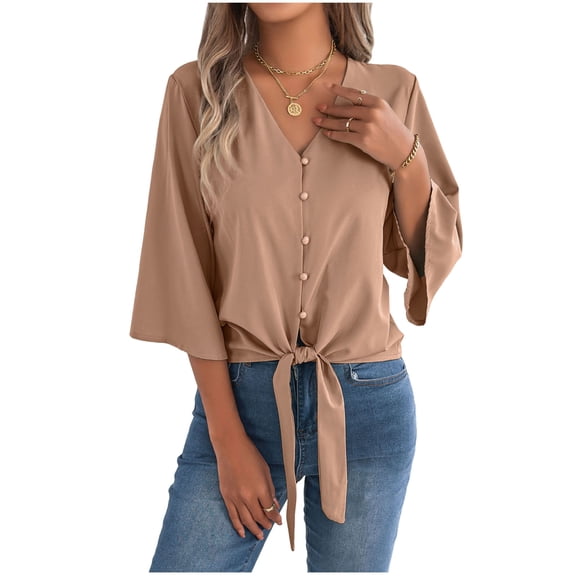 MaFYtyTPR Women's V-Neck 3/4 Sleeve Blouse Fashion Solid Color Tie Front Burtton Loose Fit Casual Summer Tops A-Khaki XL