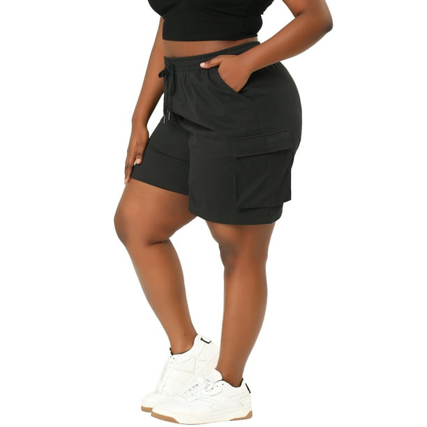 Women's Plus Size Short Drawstring Elastic Waist Above Knee with Pocket Summer Cargo Shorts Black 1X
