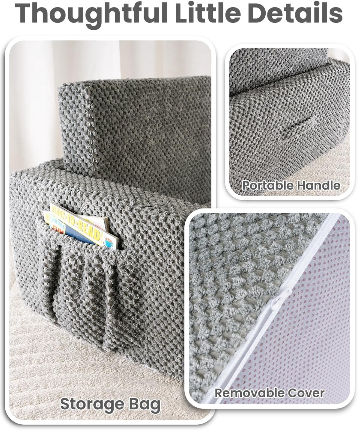 Beavtaens Foldable Toddler Couch with Soft Sherpa Cover, 2-in-1 Comfy Toddler Sofa & Lounger for 1-3 Years Old Girls Boys, Kids Chair with Pockets & Handle for Reading, Playroom (Gray)