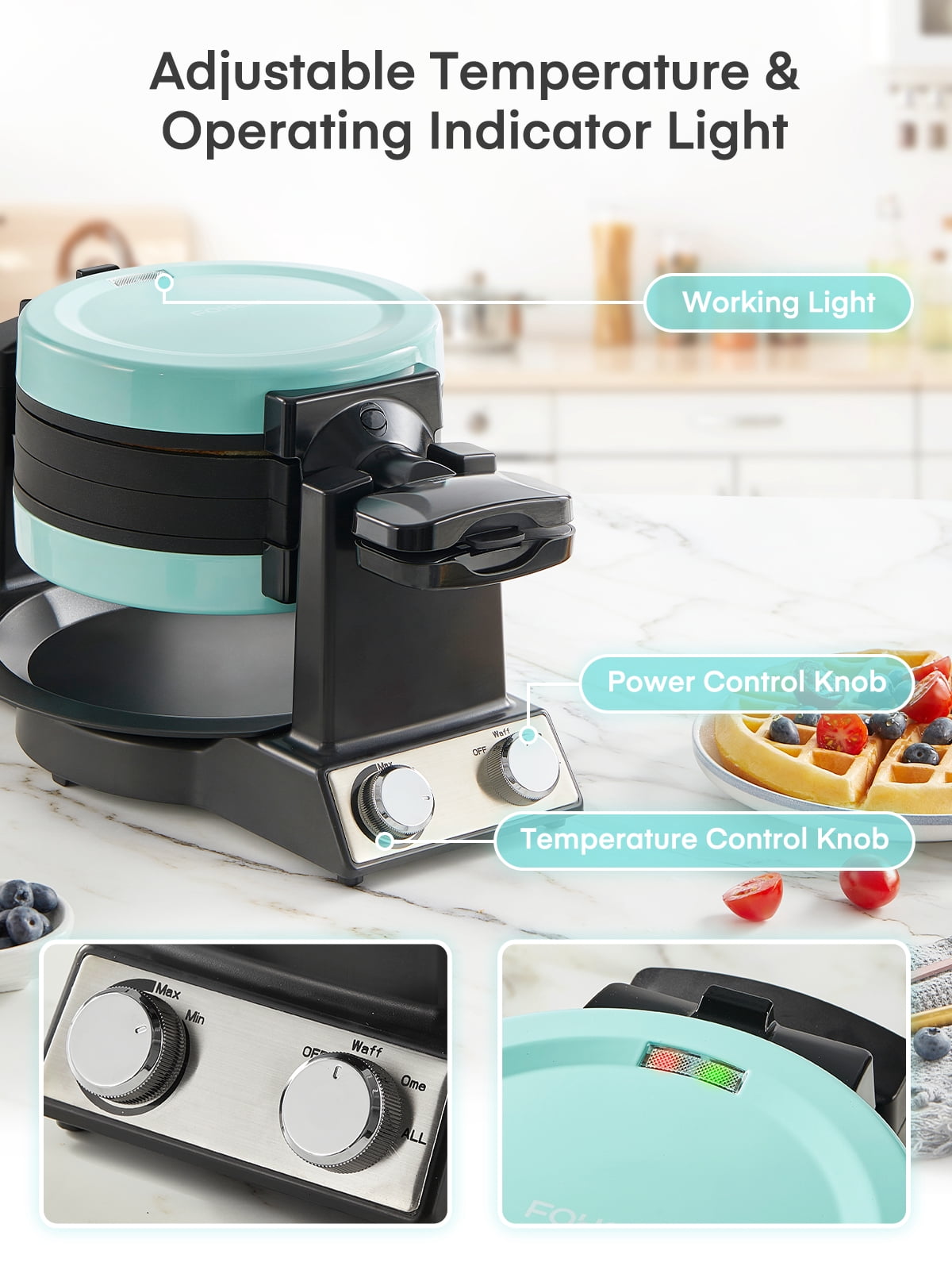 FOHERE 2-in-1 Waffle Maker & Omelette Maker, 1400W 180° Flip Rotating & Nonstick Pans, Blue, New