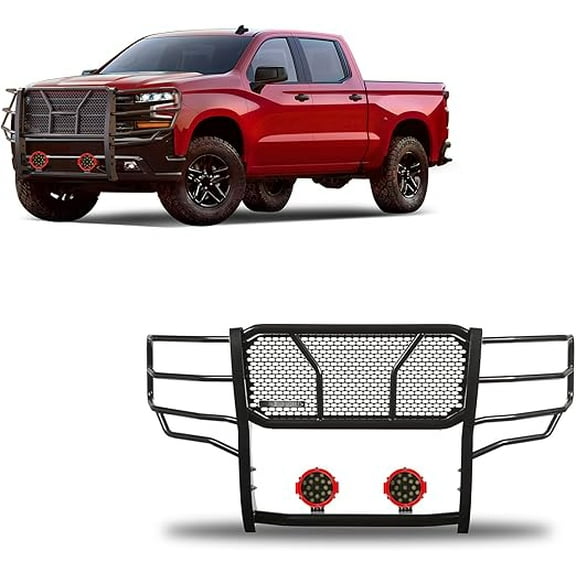 Black Horse RUGGED Heavy Duty Grille Brush Bumper Guard Modular Black Come With pair of 7.0"Dia.LED Lights with Red Trim Rings Compatible with 2019-2024 Chevrolet Silverado 1500-RU-CHSI19-B-PLR
