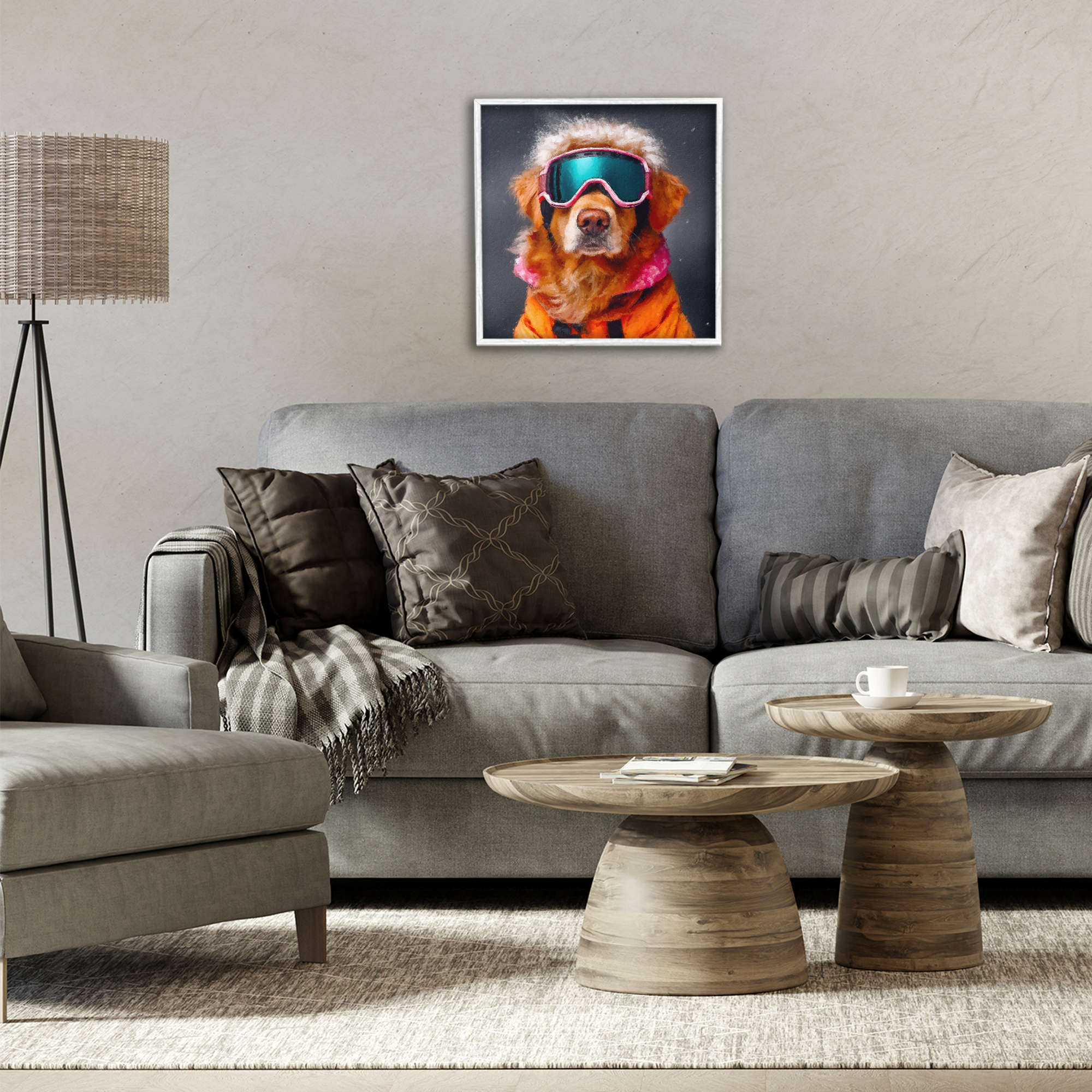 Ski Dog with Goggles White Framed Giclee Art, design by Sean Parnell