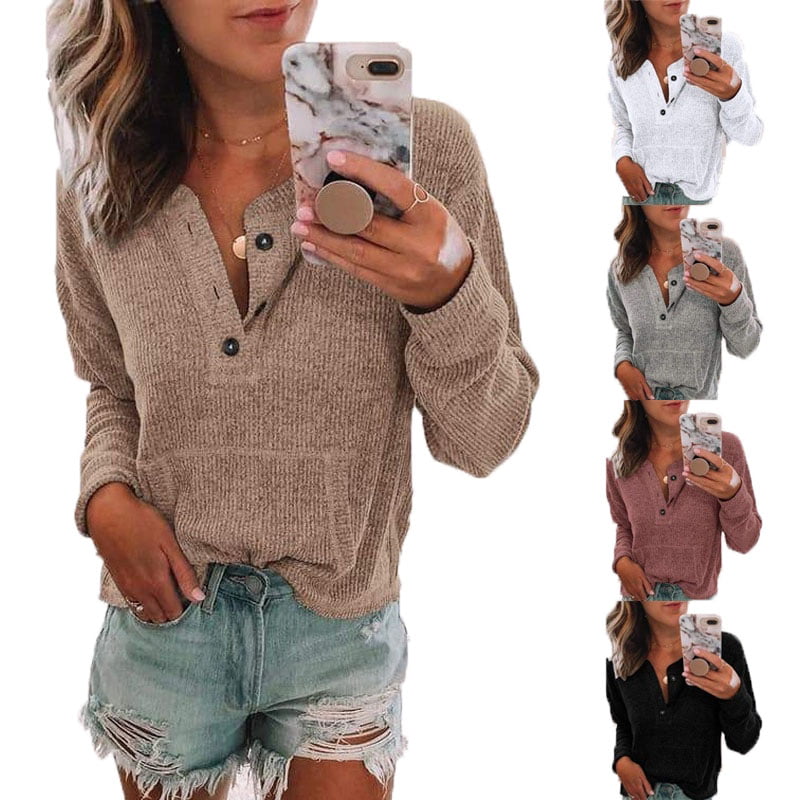Women Fashion Long Sleeve Knitted Sweaters Casual Solid Color Simple V ...