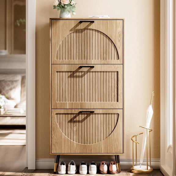 IINNOV ZBOM Rattan Shoe Cabinet with 3 Flip-Top Drawers, Freestanding Narrow Storage Rack for Entryway, Natural