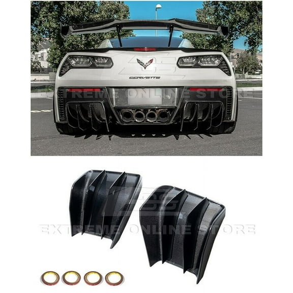 Replacement For 2014-2019 Chevrolet Corvette C7 | Performance Track Style Rear Bumper Lower Add-On Fin Diffuser Pair (Carbon Fiber)