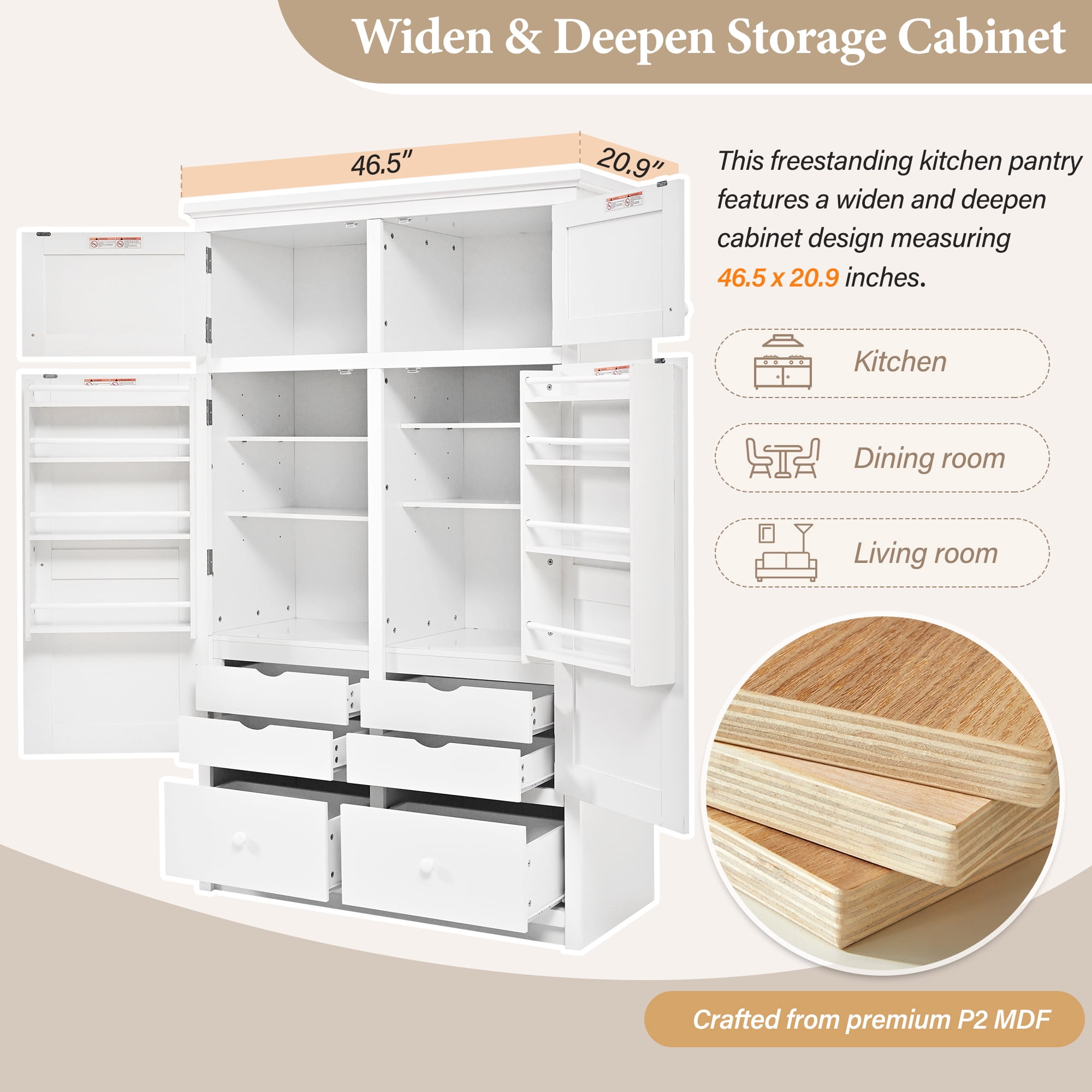 Euroco 74.8" Tall Kitchen Pantry Cabinet with 6 Drawers, Freestanding Storage Cabinet with 8 Door Shelves & 4 Pull-out Trays, Kitchen Hutch Cabinet for Dining Room,White