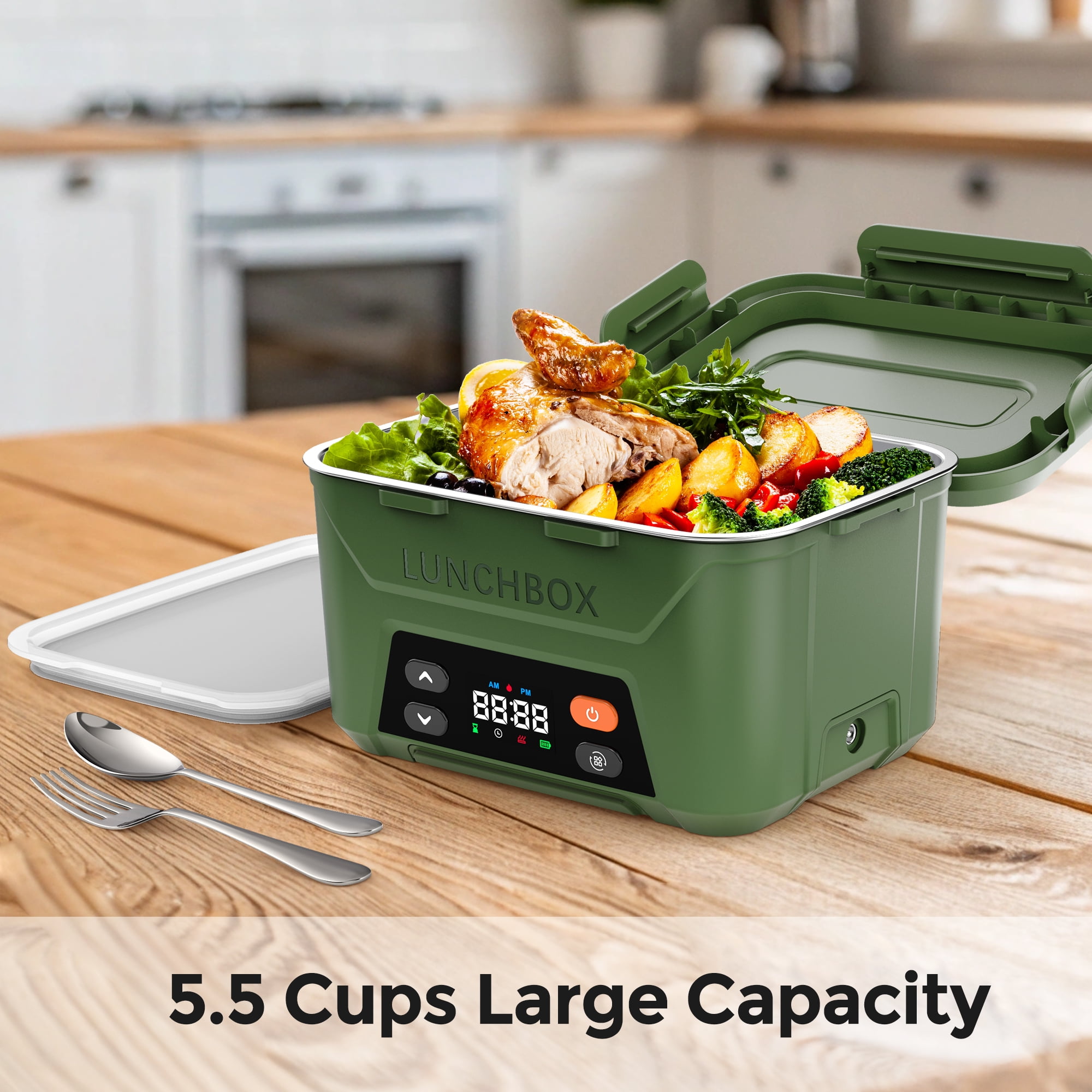 Cordless Electric Lunch Box for Adults, 5.5 Cups Self Heating Lunch Box Battery Powered, with Automatic Scheduled Heating, Removable Tray Divider, for Work Car Outdoor Use, Green