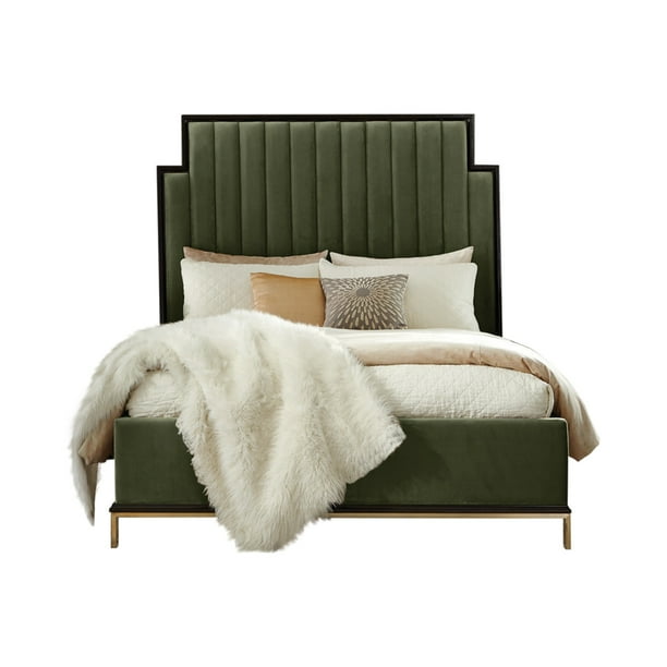 Vertical Channel Fabric Queen Size Bed with Tall Panel Headboard,Green