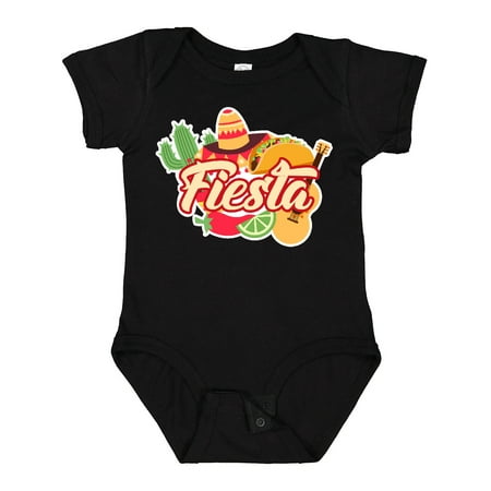 

Inktastic Fiesta with Sombrero Taco Cactus Lime Red Pepper and Guitar in Background Gift Baby Boy or Baby Girl Bodysuit
