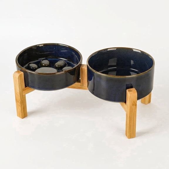 JoyPetto Elevated Slow Feeder & Water Bowl Set, Adjustable Bamboo Stand for Small Dogs & Cats, Ceramic Raised Bowls 27 oz, Dishwasher Safe, Dark Blue