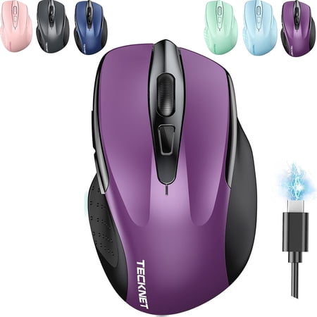 TECKNET Wireless Mouse (BT5.0/3.0 & 2.4G) Rechargeable 4800 DPI Silent USB A & Bluetooth Mouse 6 Buttons Wide Compatibility – Purple