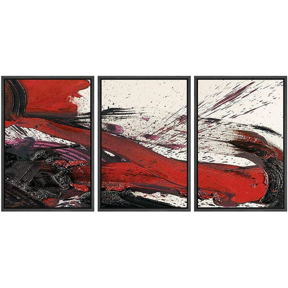 wall26 Framed Canvas Print Wall Art Set Black & Red Paint Splatter Stroke Abstract Shapes Illustrations Modern Art Bohemian Dramatic Ultra for Living Room, Bedroom, Office - 24"x36"x3 B