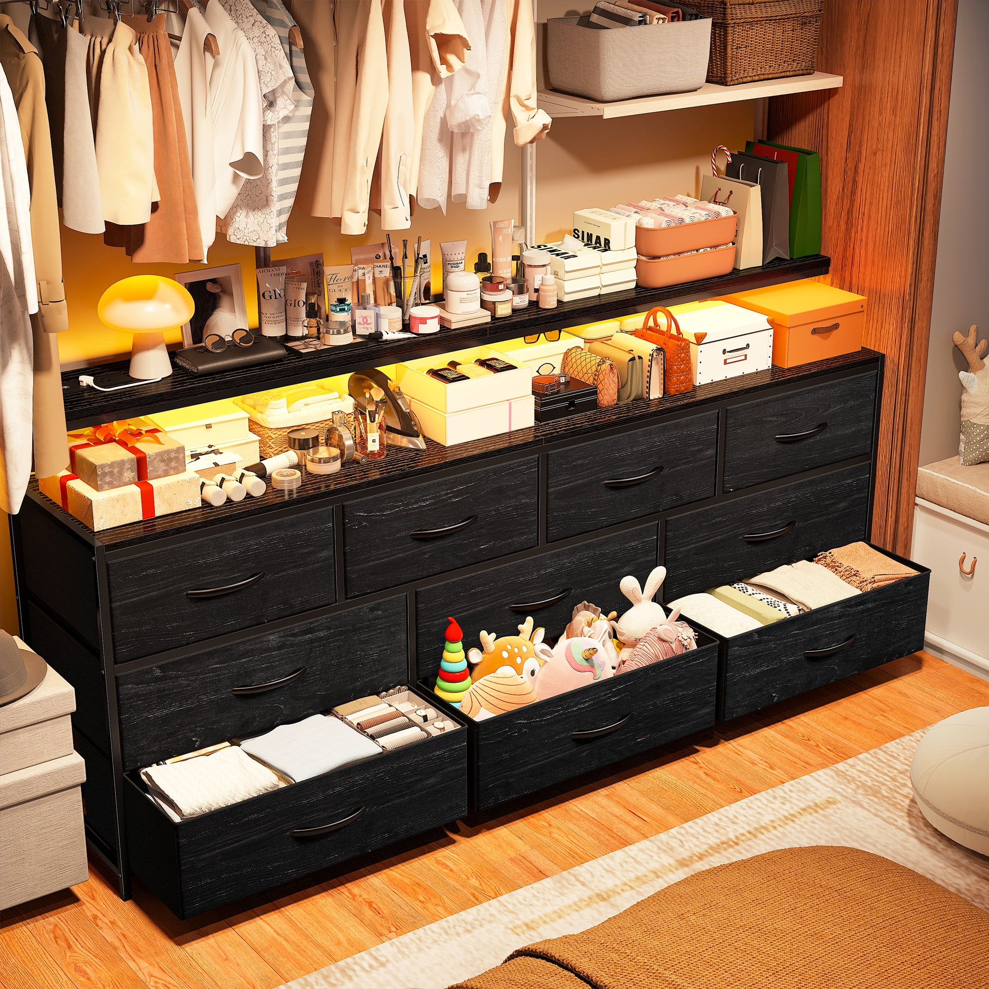 Dresser for Bedroom with 10 Drawers Fabric dresser with LED Lights and Power Outlets,Black